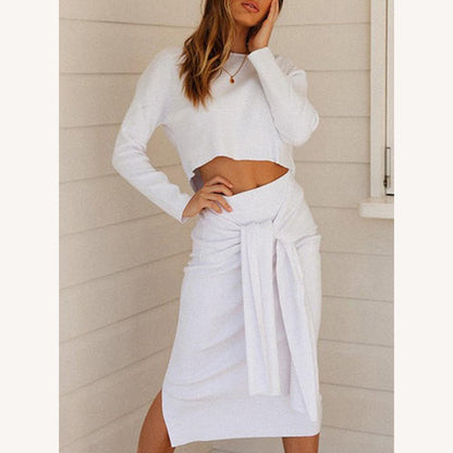 Elegant Women's Suit Set with Long Sleeve Crop Top and High Waist Skirt – Chic and Comfortable