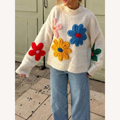 Pull ample à fleurs pour femmes – Tricot doux, col rond, manches longues, style ancien, confort optimal