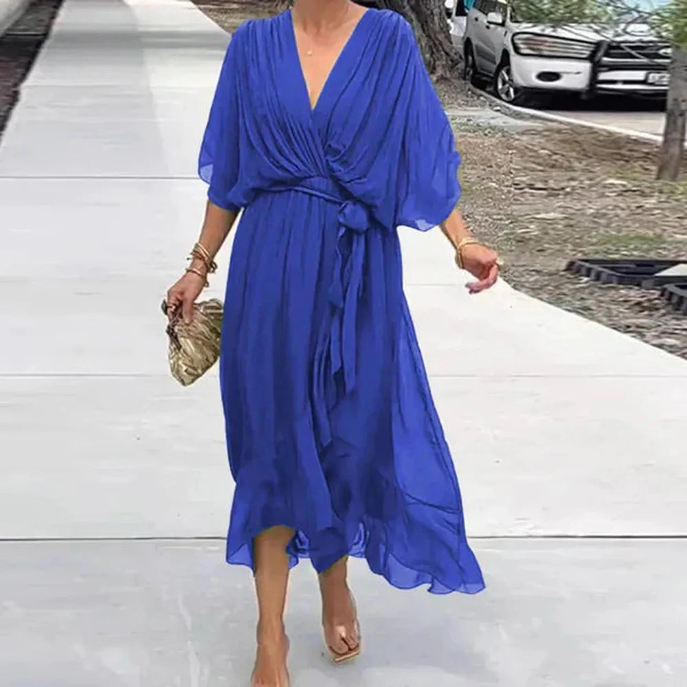 Robe d'Été Longue Femme Chic avec Ceinture et Ourlet Asymétrique en Tissu Léger