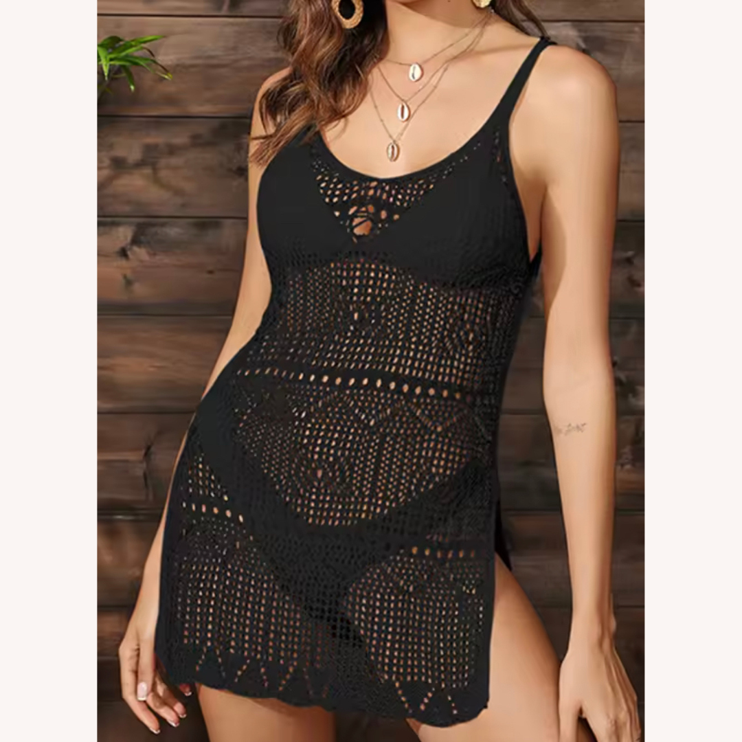 Women's Knitted Beach Dress with High Slit and Cutout Texture – Elegant and Comfortable for Summer