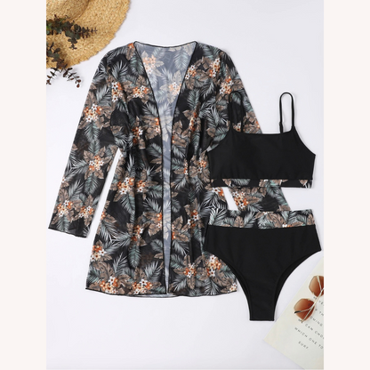Women's Three-Piece High-Waisted Swimsuit with Long-Sleeve Blouse – Boho Chic Floral Style