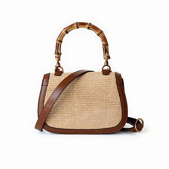 Sac à Main Femme en Paille Tissée avec Poignée en Bambou – Sac Bandoulière Brun Élégant et Pratique