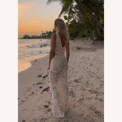 Women's White Midi Dress in Ethereal Crochet with V-Neckline – Bohemian Elegance