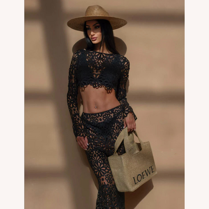 White Crochet Lace Set for Women – Long Sleeve Crop Top and Boho Chic Maxi Skirt