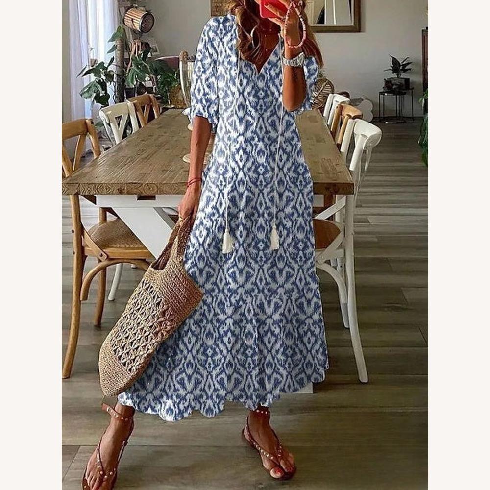 Robe Longue Femme Bohème Colorée avec Encolure en V et Manches Moyennes – Élégance pour Soirées et Occasions Spéciales