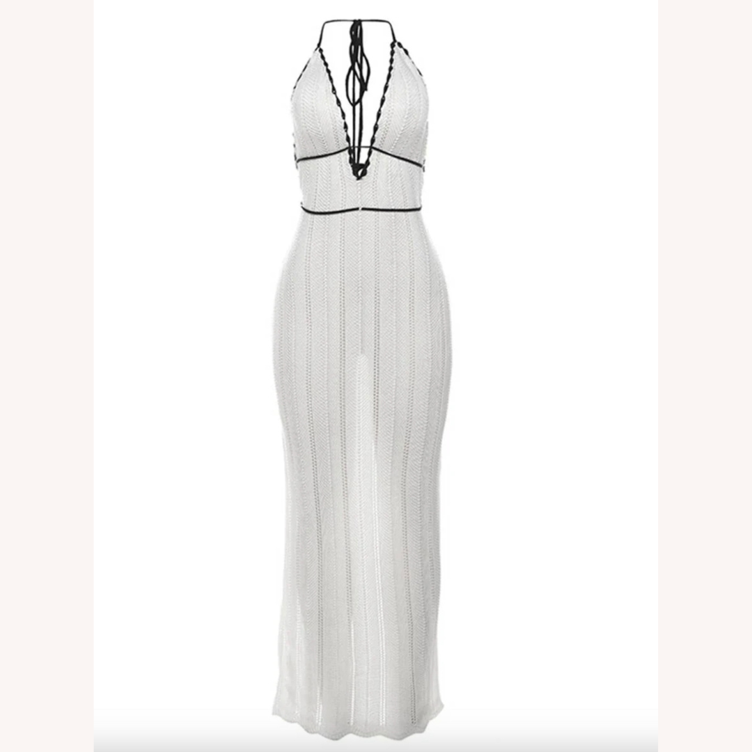 Robe Longue Femme Halter en Crochet Blanc – Élégance Été pour Mariages et Soirées