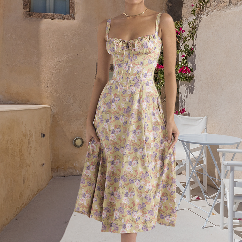 Variant image for Robe d'Été Femme Chic avec Détails Corset et Fente Latérale - Imprimé Coloré, Polyester Doux-31