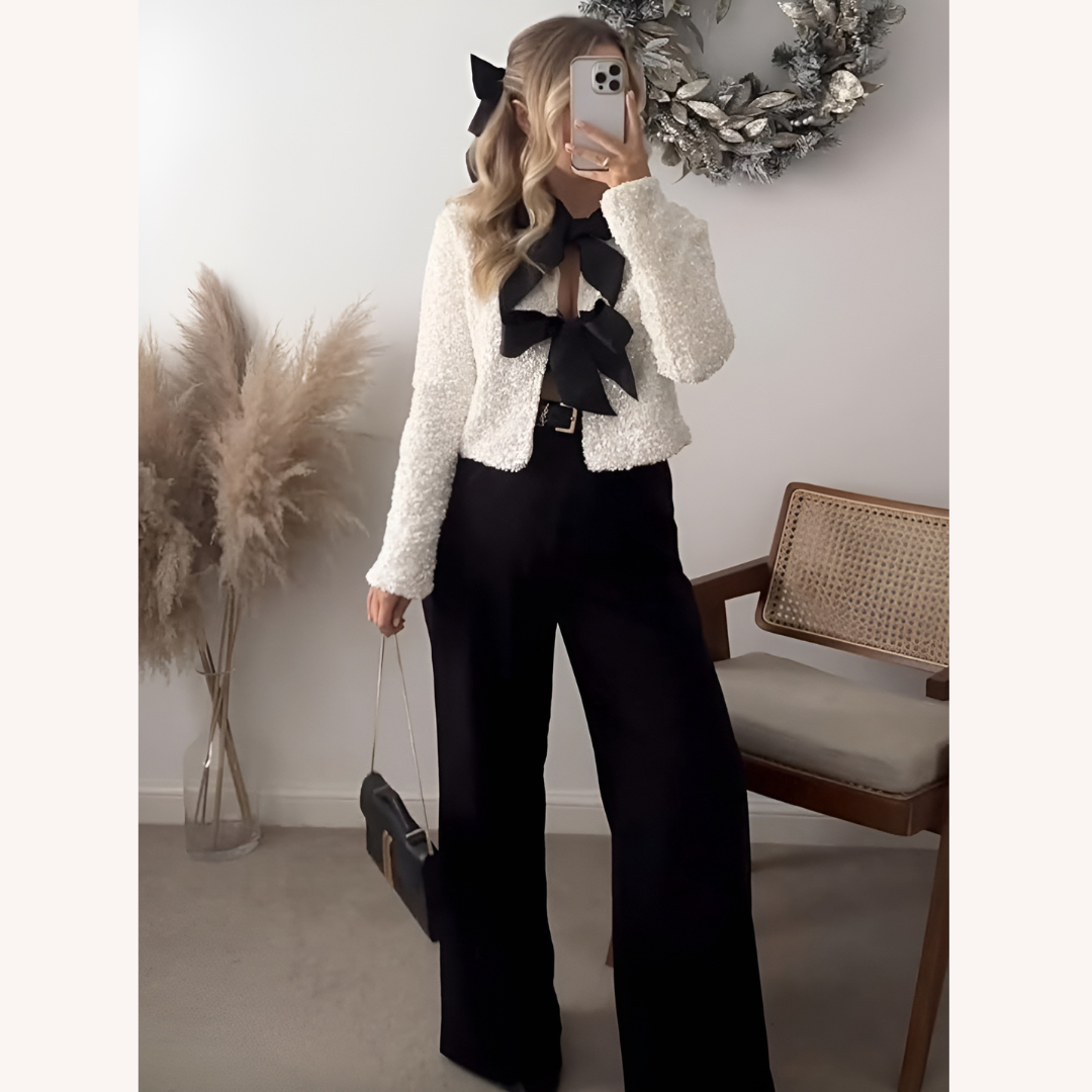 Veste Femme Chic à Nœuds Satinés - Blazer Élégant en Polyester Texturé, Design Ouvert, Idéal pour Soirées et Bureau