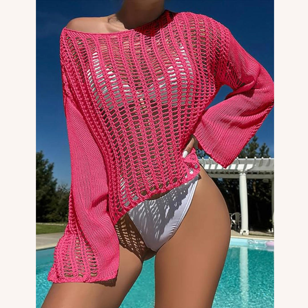Pull Femme Boho Sensuel en Polyester avec Détails en Crochet – Style Décontracté pour l'Été, Manches Longues