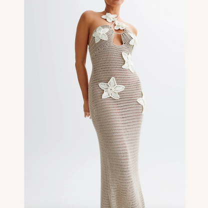 Long Women's Crochet Dress Blue – Elegant Bohemian Maxi Summer Dress with Floating Details