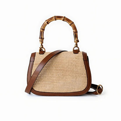 Women's Woven Straw Handbag with Bamboo Handle – Elegant and Practical Brown Shoulder Bag