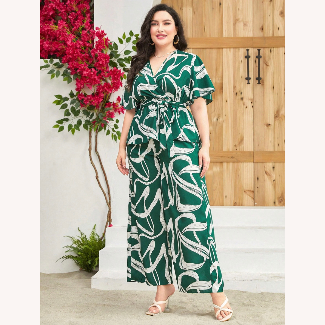 Women's Two-Piece Set Abstract Green Print – Fitted Top and Wide Leg Pants Plus Size, Comfort and Elegance