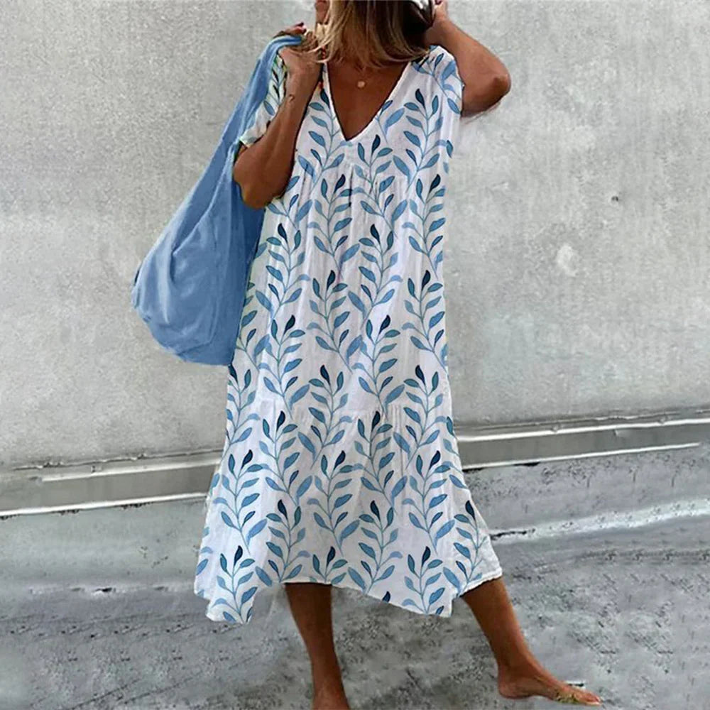 Robe Longue Femme Aquarelle Bleue à Manches Courtes – Silhouette Shift Décontractée Ourlet Midi