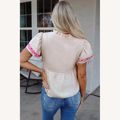 Women's Light Beige Blouse with Pink Floral Embroidery, V-Neck, Breathable Fabric – Ideal for Sunny Days