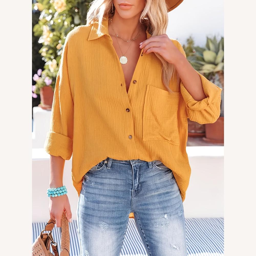 Variant image for Chemise Femme Décontractée en Coton Magenta, Manches Longues Retroussables, Texture Gaufrée-16