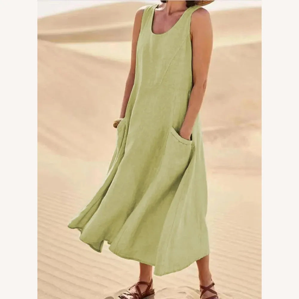 Robe Longue Femme Sans Manches en Coton et Lin avec Poches - Confort et Élégance d'Été