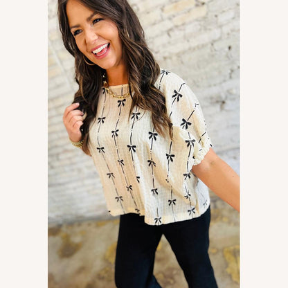 Women's Beige Textured Blouse with Black Bows – Lightweight Cotton Top, Elasticated Sleeves, Casual Style