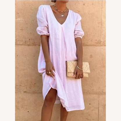 Women's Long Linen Dress with V-Neck - Casual Elegance for Summer, Comfortable and Light