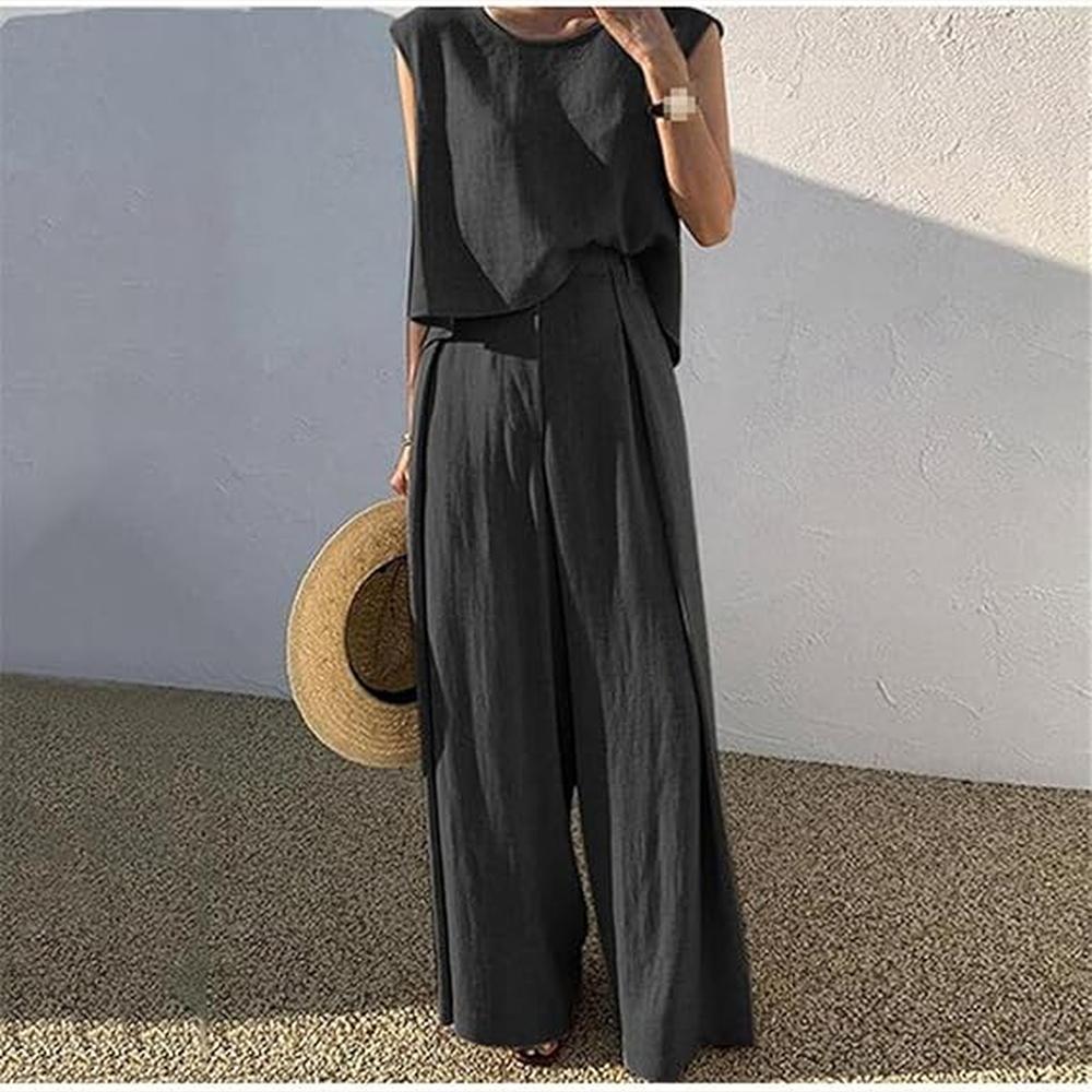 Ensemble Tailleur Femme en Lin – Haut Sans Manches et Pantalon Taille Haute, Chic et Confortable pour Été