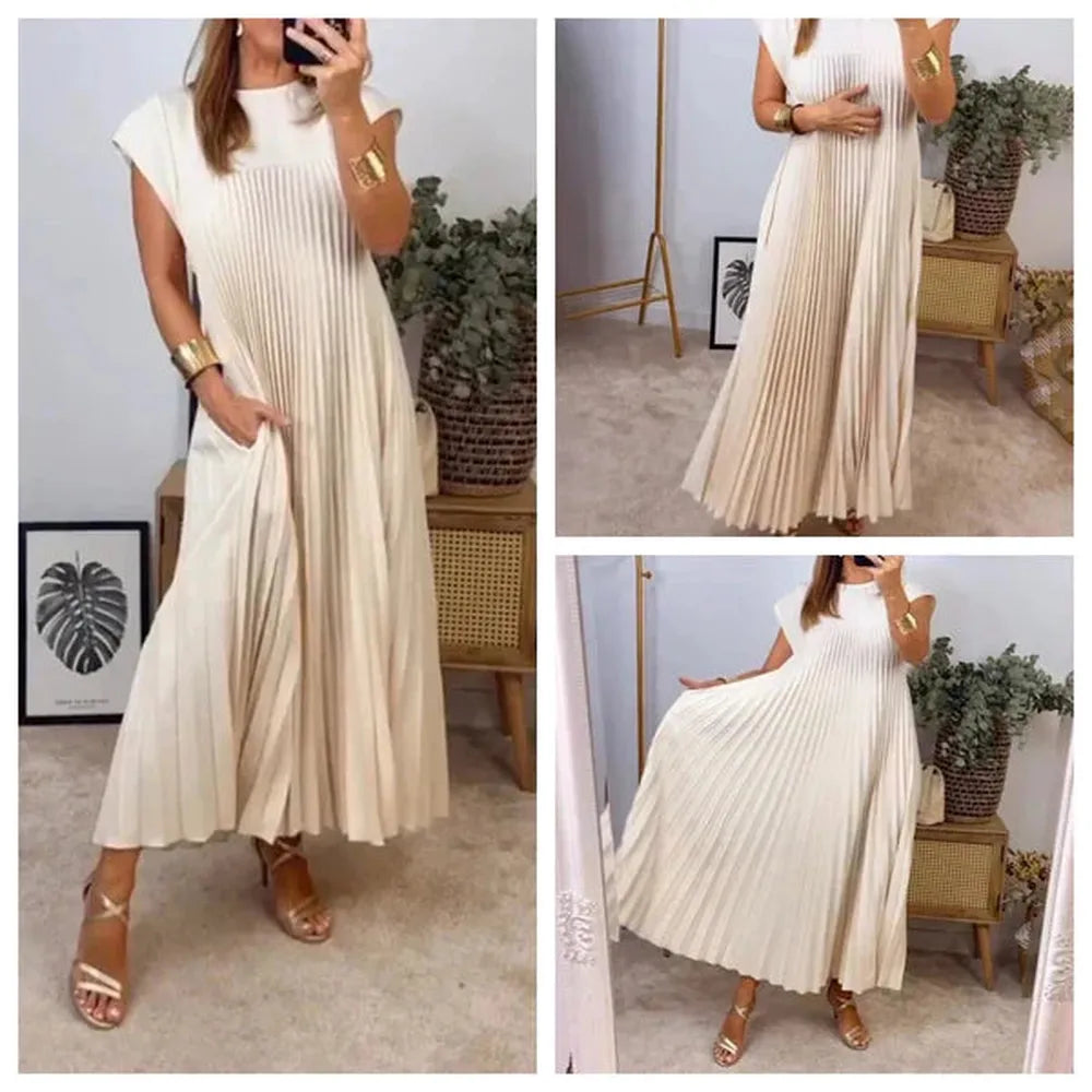 Robe Longue Femme Plissée Élégante en Couleur Unie – Confortable et Polyvalente pour Toutes les Occasions