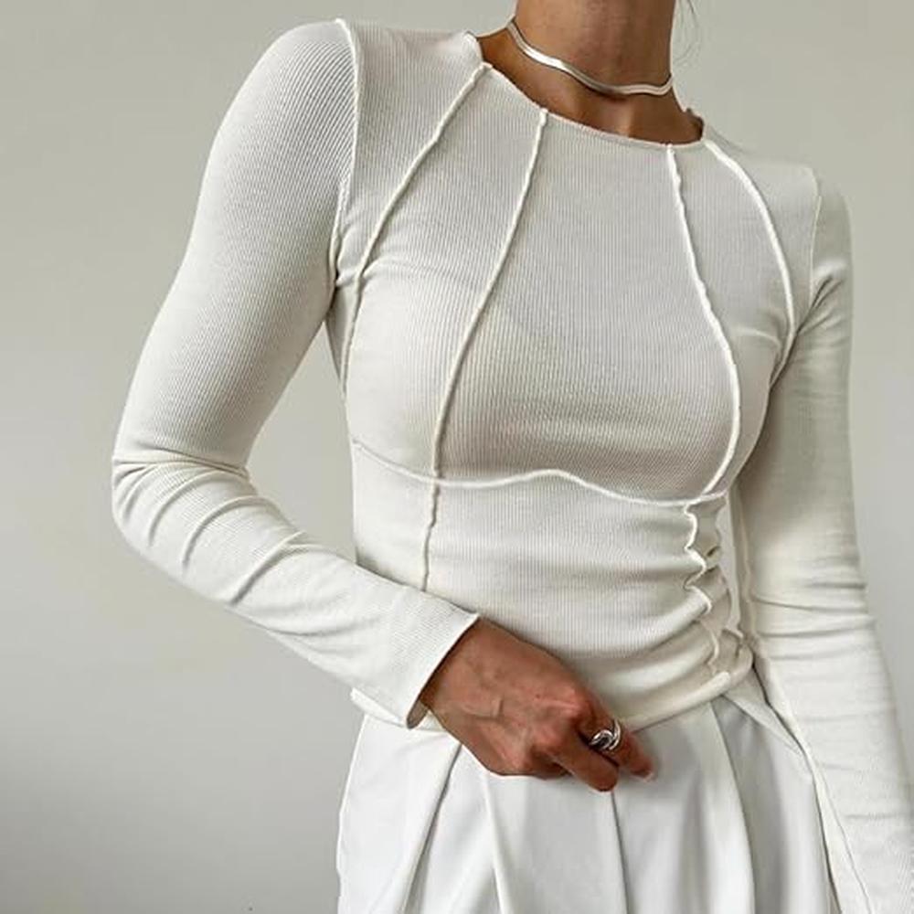 Haut Femme Chic Côtelé Sculpté à Manches Longues – Élégant et Moderne, Idéal pour Bureau ou Sortie