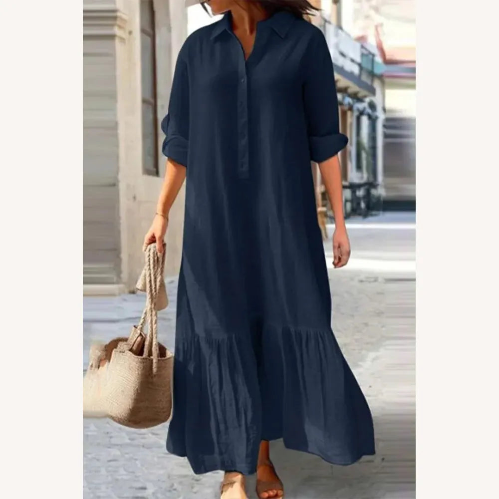 Robe Longue Femme Décontractée Vintage avec Col Rabattu et Boutons Unis - 100% Coton, Disponible en S à XL