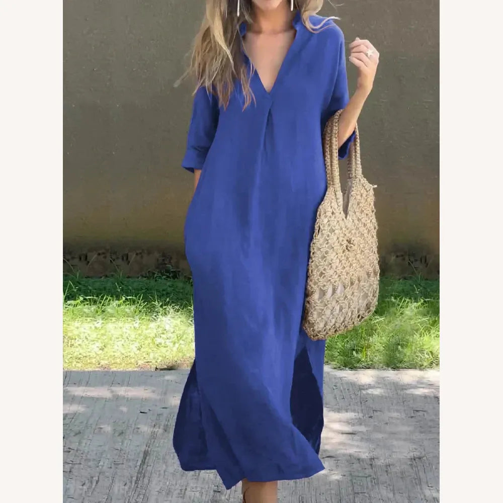 Robe Longue Femme en Lin à Col en V avec Poches – Élégante et Confortable, Disponible en Plusieurs Couleurs