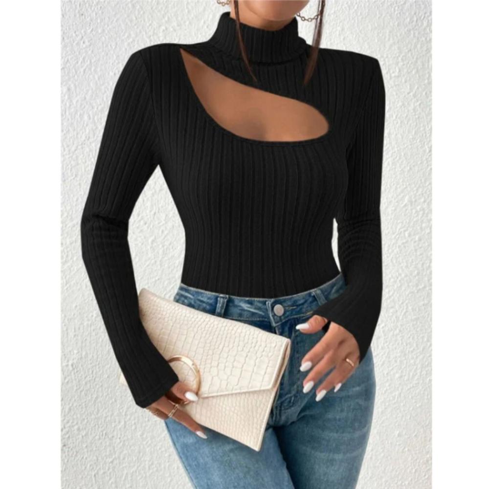 Top Femme Asymétrique Noir Côtelé avec Col Montant – Élégance et Confort, Manches Longues, Matière Stretch