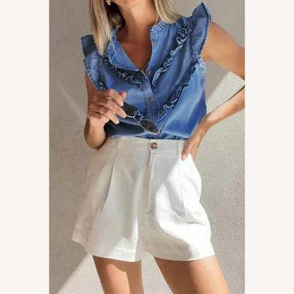 Women's Sleeveless Blouse in Soft Blue Denim with Ruffled Details – Elegant and Comfortable Style