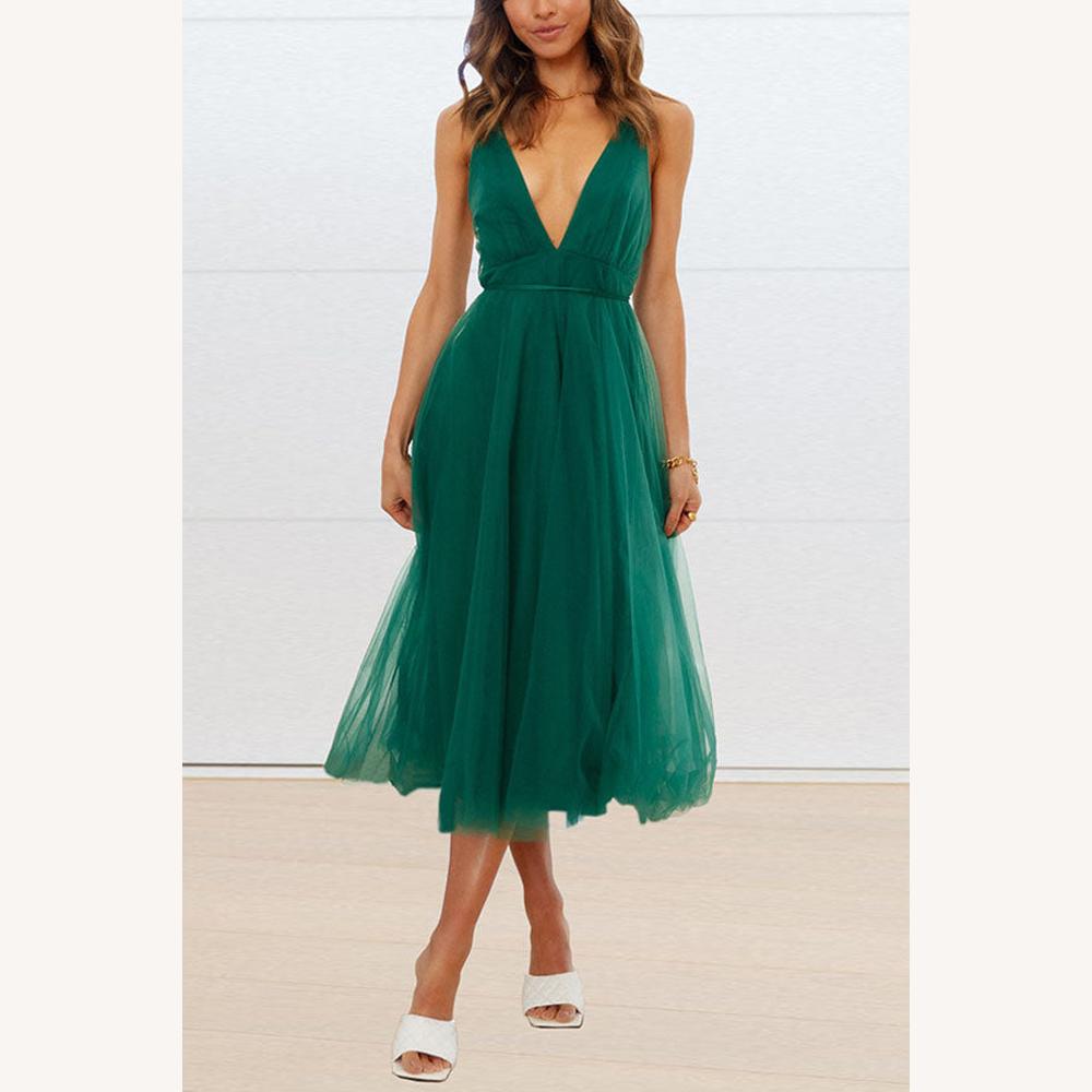 Robe Midi Femme en Tulle à Col en V – Élégante et Chic pour Occasions Spéciales