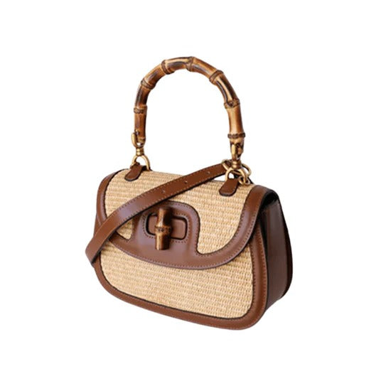 Sac à Main Femme en Paille Tissée avec Poignée en Bambou – Sac Bandoulière Brun Élégant et Pratique