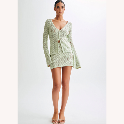 Women's Boho Chic Crochet Set - V-Neck Cardigan and Matching Mini Skirt in Breathable Cotton