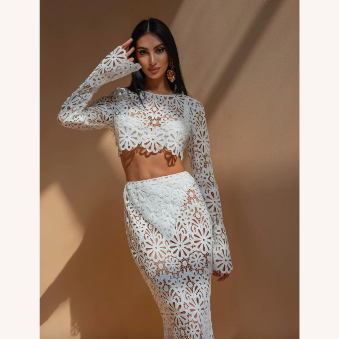White Crochet Lace Set for Women – Long Sleeve Crop Top and Boho Chic Maxi Skirt