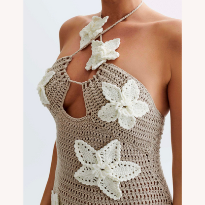 Long Women's Crochet Dress Blue – Elegant Bohemian Maxi Summer Dress with Floating Details