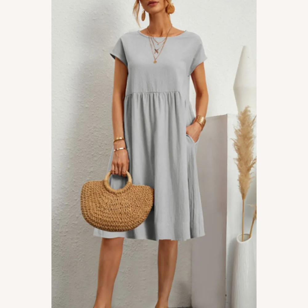 Women's Casual Short Sleeve Solid Patchwork Dress – Elegant A-line Silhouette in Cotton