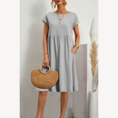 Women's Casual Short Sleeve Solid Patchwork Dress – Elegant A-line Silhouette in Cotton
