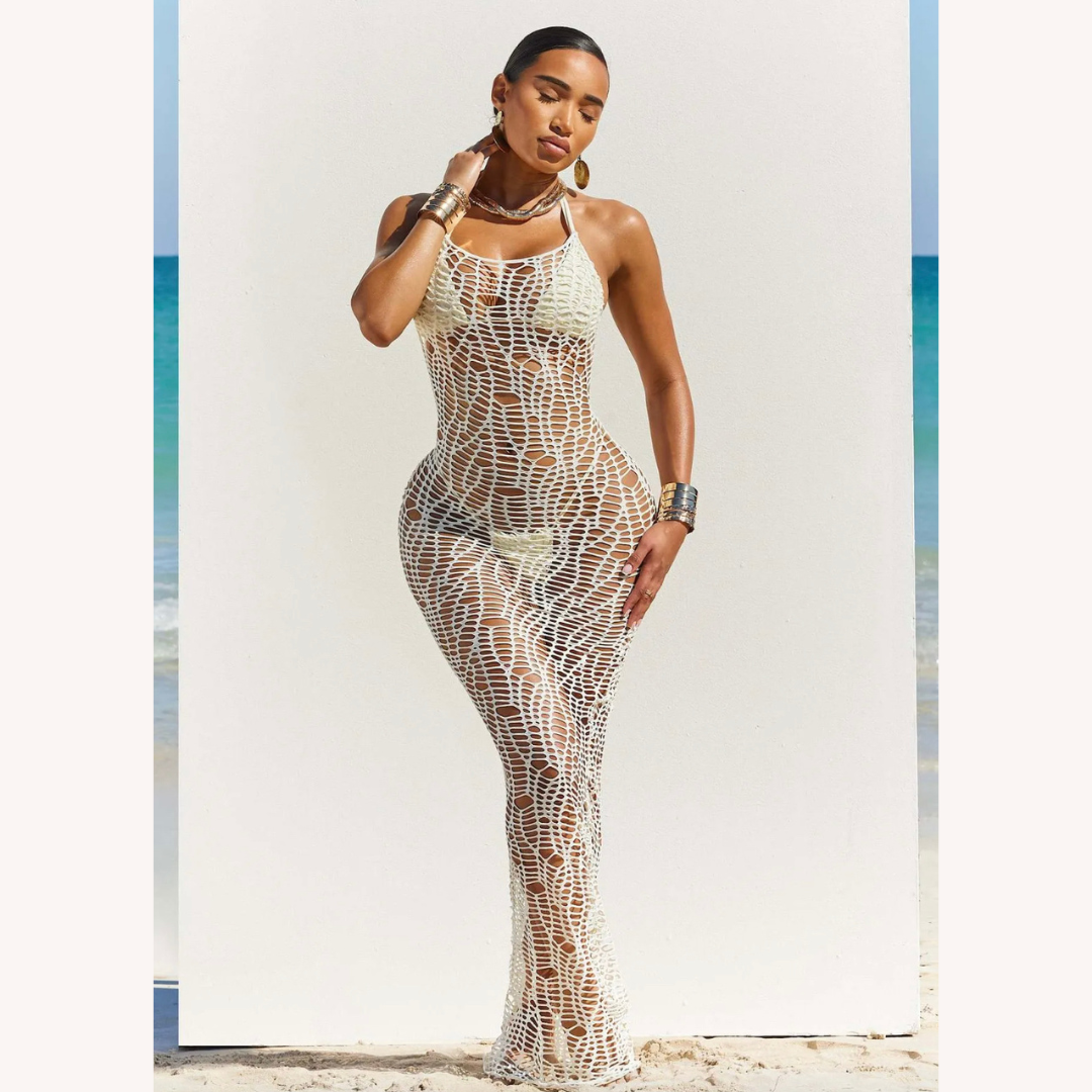 Elegant Long Women's Crochet Maxi Dress for Summer – Fitted Silhouette, Ideal for Beach and Evenings