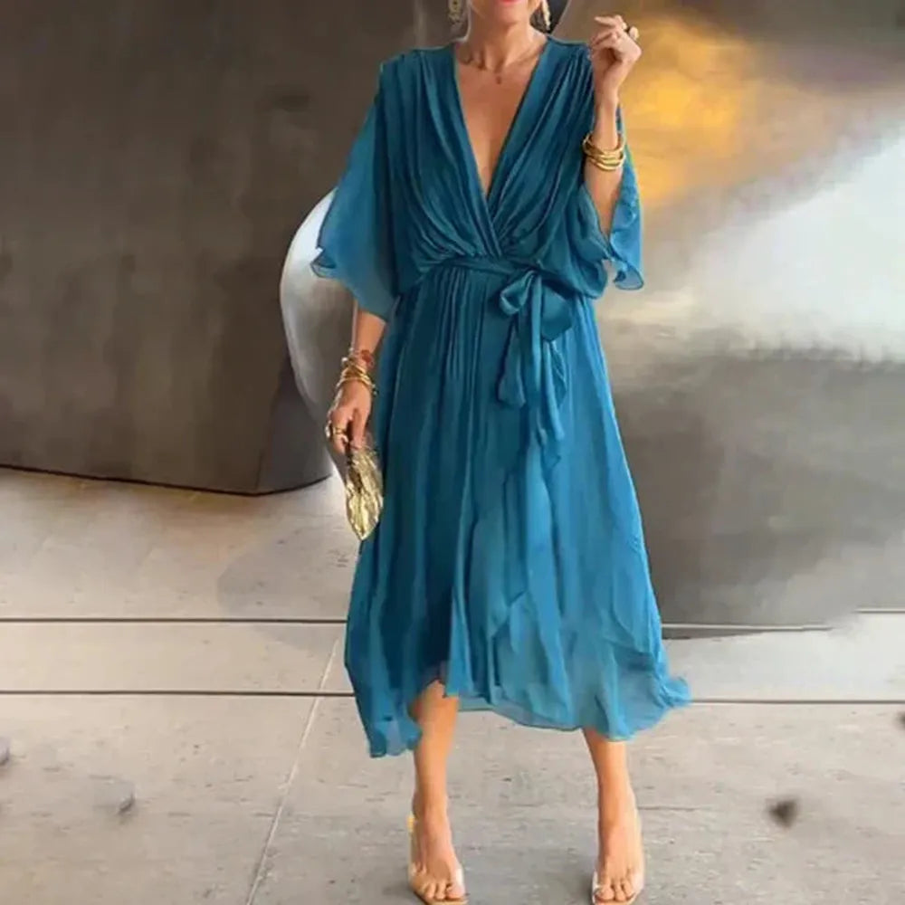 Long Chic Women's Summer Dress with Belt and Asymmetric Hem in Lightweight Fabric