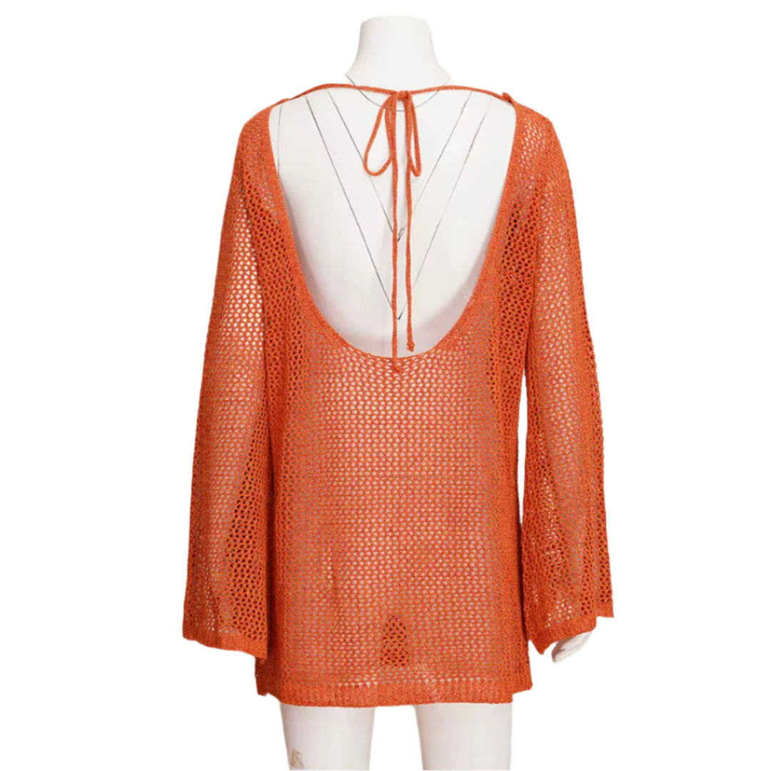 Women's Backless Beach Dress in Polyester Jersey with Wing Sleeves – Boho Elegance for Beach Outfit