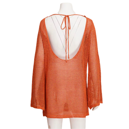 Women's Backless Beach Dress in Polyester Jersey with Wing Sleeves – Boho Elegance for Beach Outfit