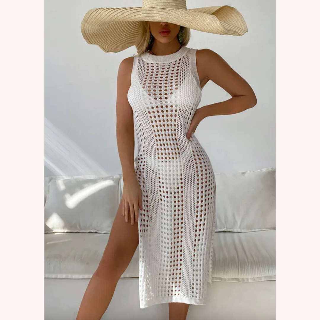 Elegant Women's Crochet Beach Dress – Comfortable Midi with Side Slit in Cotton Blend