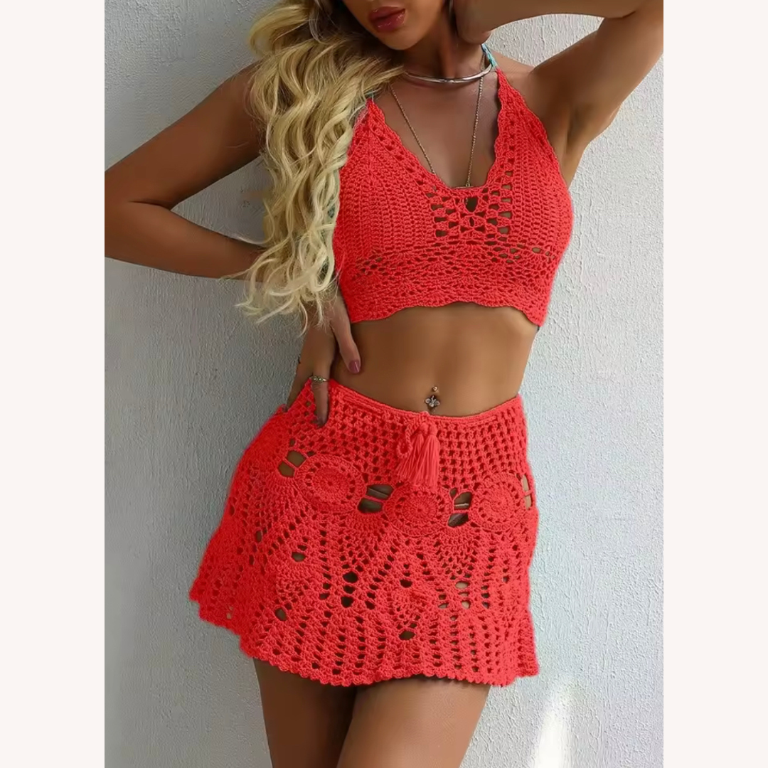 Boho Crochet Bikini Set with Pleated Cotton Skirt – Summer Elegance for Women