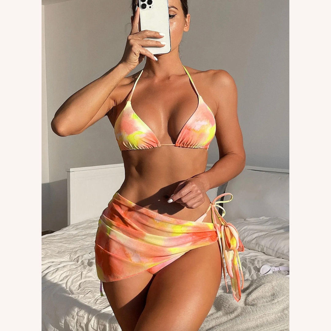 Ensemble de Maillot de Bain Femme Boho Tie-Dye en Trois Pièces avec Jupe Assortie – Confort Polyester, S, M, L