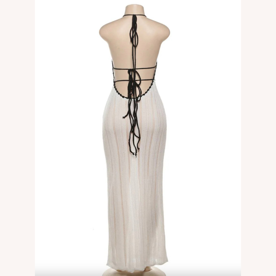 Robe Longue Femme Halter en Crochet Blanc – Élégance Été pour Mariages et Soirées