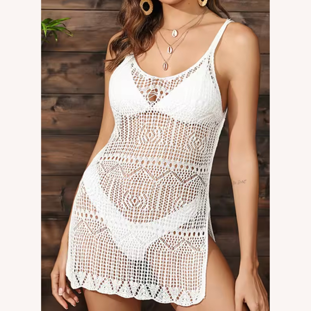 Women's Knitted Beach Dress with High Slit and Cutout Texture – Elegant and Comfortable for Summer
