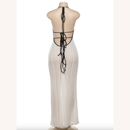Long Women's Dress Halter in White Crochet – Summer Elegance for Weddings and Evenings