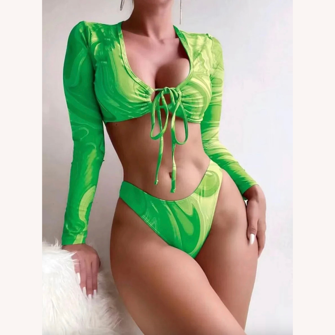 Bikini de Plage à Manches Longues Imprimé Tied Swirl pour Femme – Maillot de Bain Chic Deux Pièces Boho