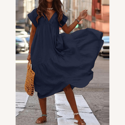 Women's Loose Long Dress with V-Neck – Lightweight Rayon and Polyester Fabric, Ideal for Casual Occasions