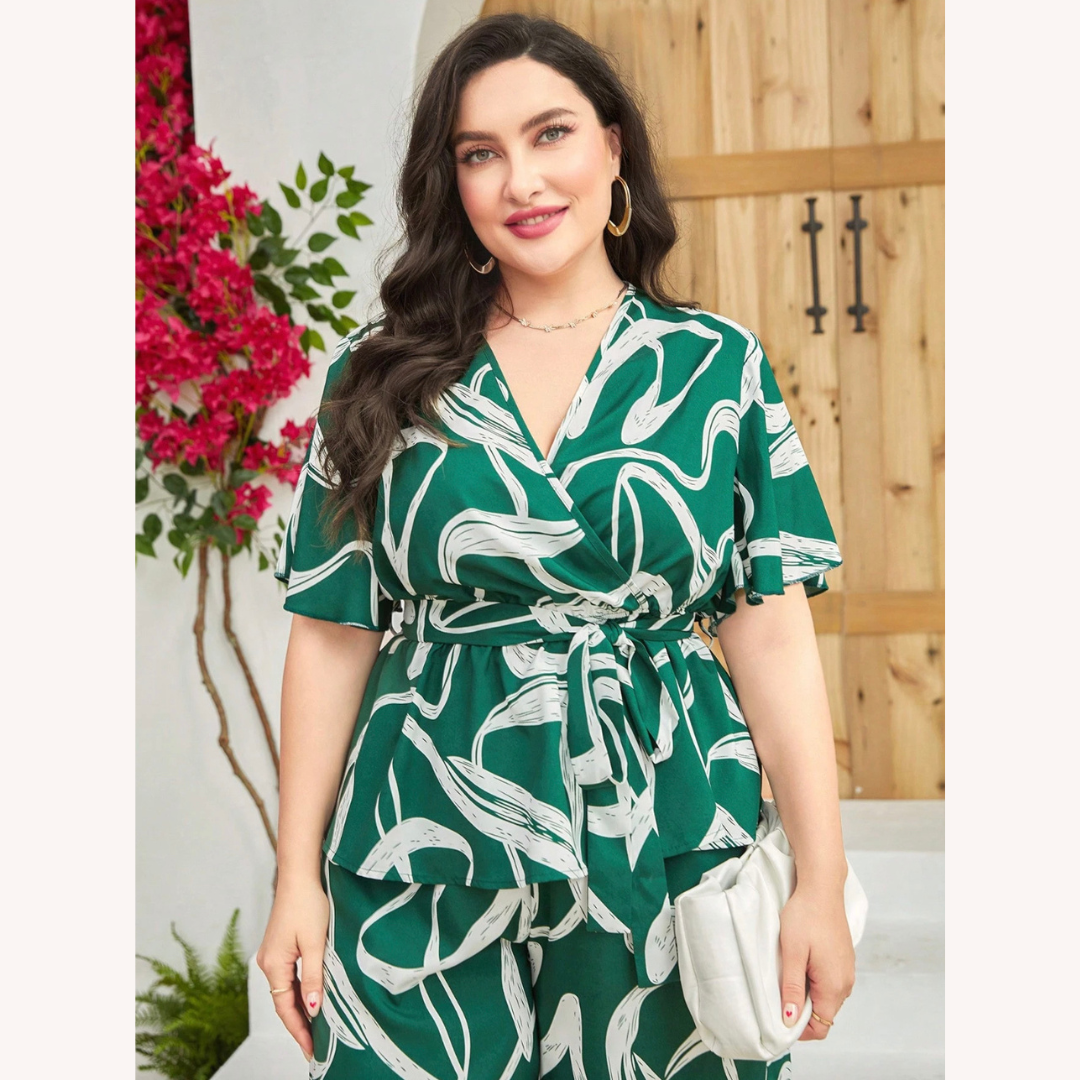 Ensemble Deux Pièces Femme Imprimé Abstrait Vert – Haut Cintré et Pantalon Large Taille Plus, Confort et Élégance