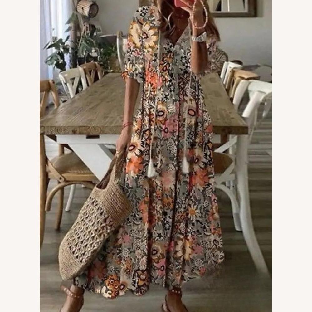 Robe Longue Femme Bohème Colorée avec Encolure en V et Manches Moyennes – Élégance pour Soirées et Occasions Spéciales